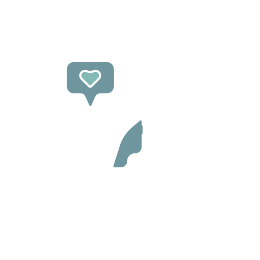 icon of a cat next to a speech bubble with a heart inside with muted blue and teal coloring