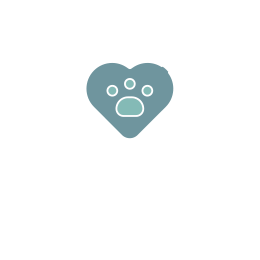icon of two hands holding a heart with a paw inside with muted blue and teal coloring