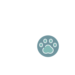 icon of a heart with a muted blue and teal paw print in front of it
